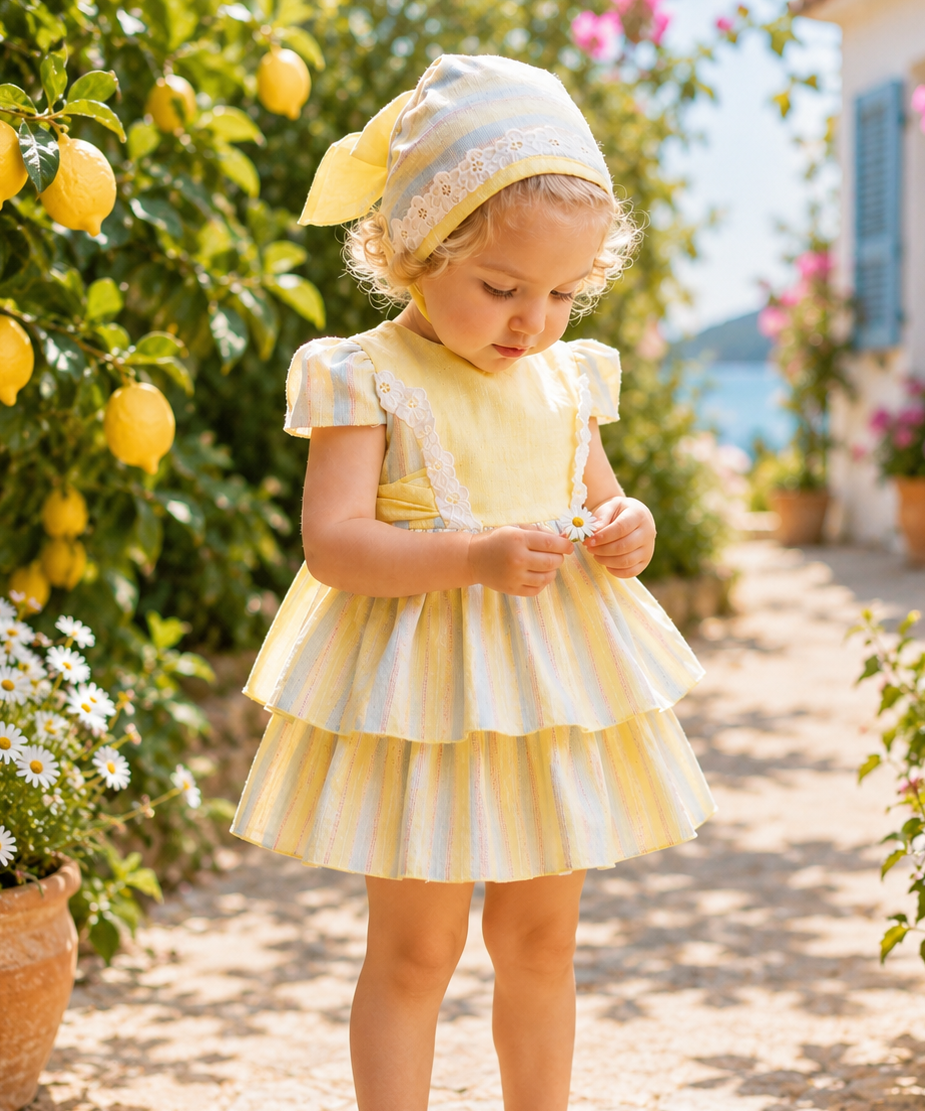 DBB Collection Baby Girls Lemon Stripe Dress, Knickers & Bonnet Set | SS26