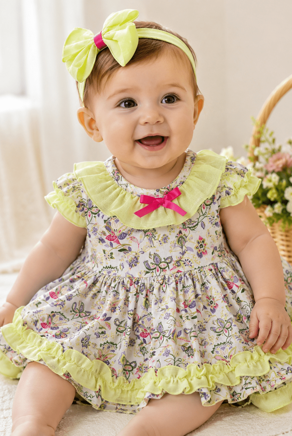 DBB Collection Baby Girls Lime Multicolour Dress, Knickers & Bonnet Set | SS26