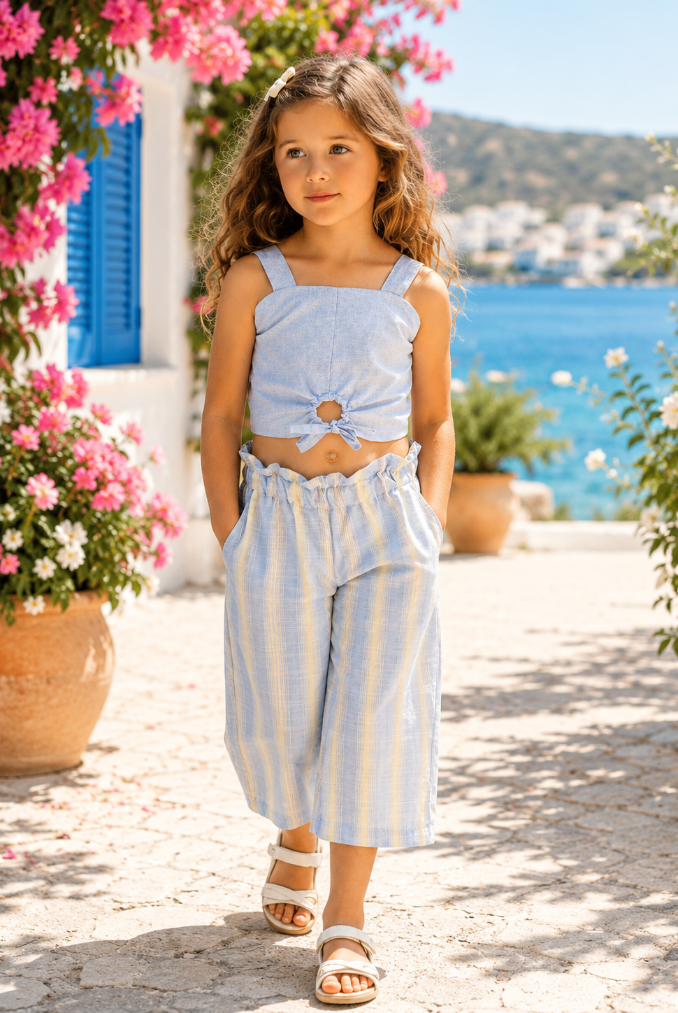 A young girl stands outdoors on a sunlit stone path wearing a light blue sleeveless crop top with a front knot detail and matching light blue-and-white striped cropped pants. Pink flowers, blue shutters, and a bright sea backdrop are visible behind her.