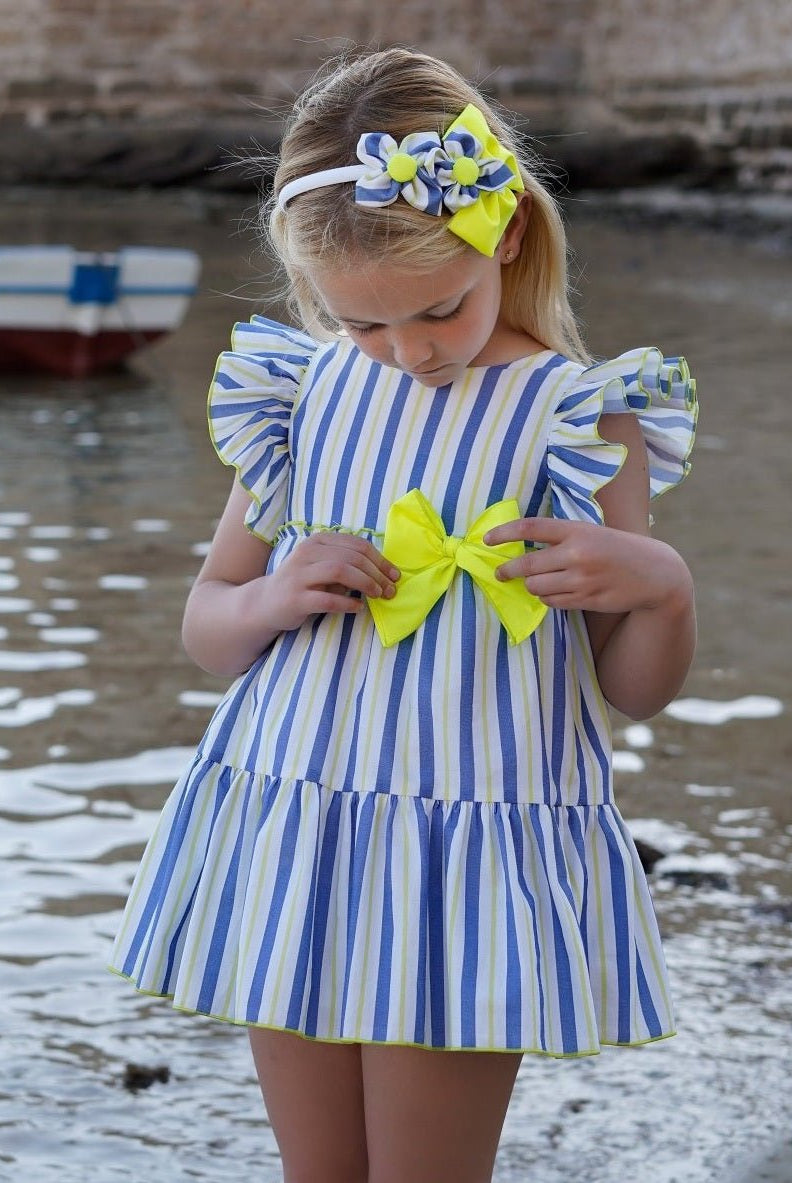 DBB Collection Girls Blue, White & Neon Yellow Stripe Dress | Clearance Sale