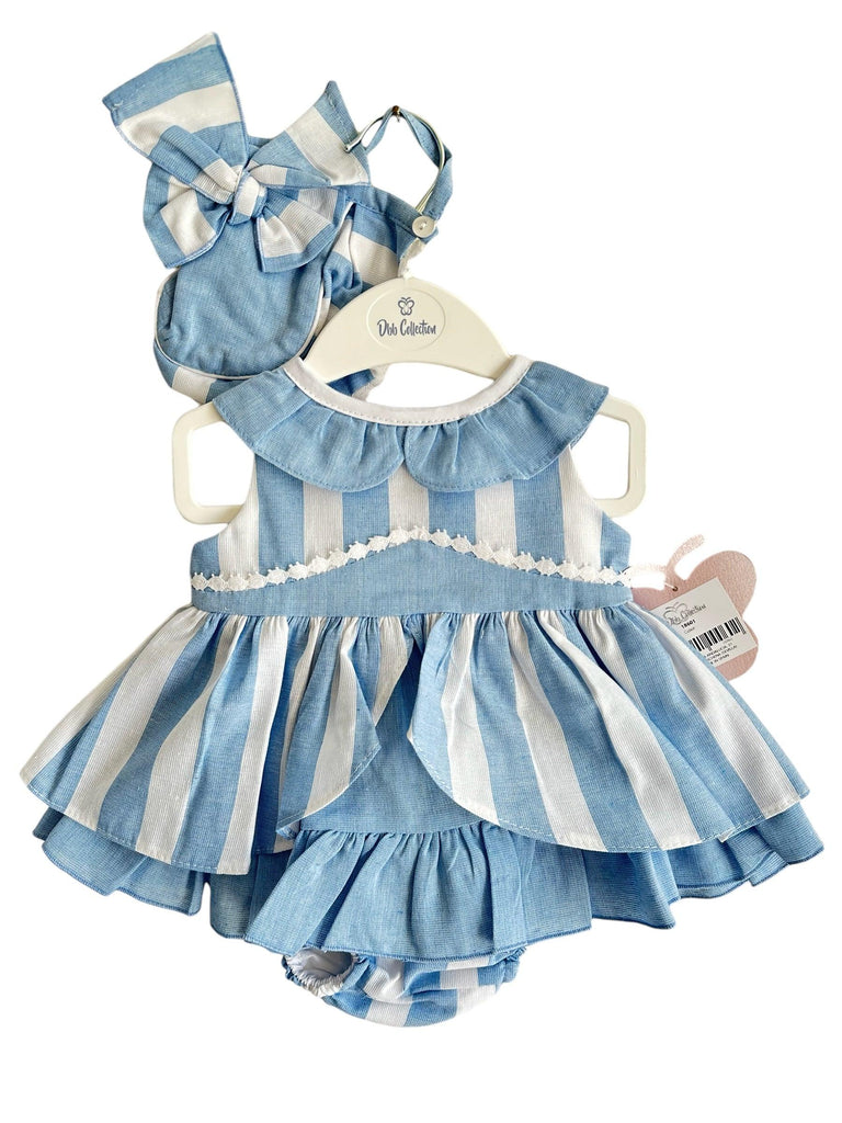DBB Collection SS24 - Baby Girls Blue Stripe Dress with Matching Knickers & Bonnet - Mariposa Children's Boutique