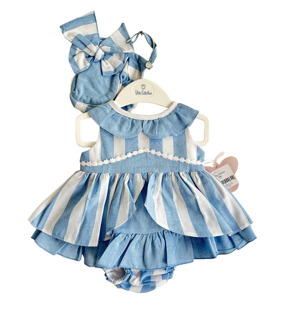 DBB Collection SS24 - Baby Girls Blue Stripe Dress with Matching Knickers & Bonnet - Mariposa Children's Boutique