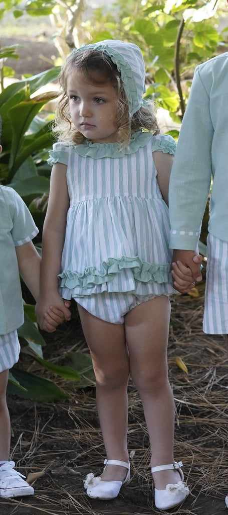 DBB Collection SS24 - Baby Girls Mint Stripe Dress with Matching Knickers & Bonnet - Mariposa Children's Boutique