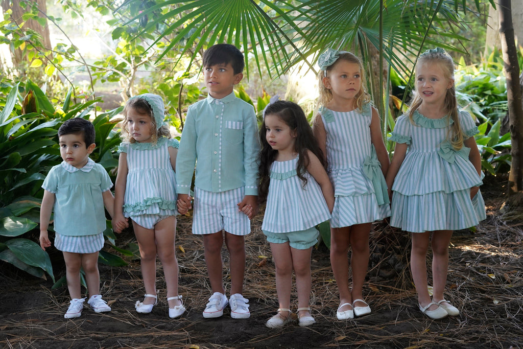 DBB Collection SS24 - Baby Girls Mint Stripe Dress with Matching Knickers & Bonnet - Mariposa Children's Boutique