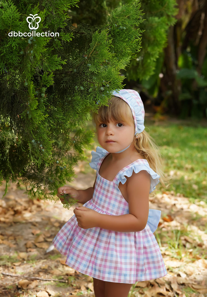 DBB Collection SS24 - Baby Girls Pink and Blue Check Dress, Knickers & Bonnet - Mariposa Children's Boutique