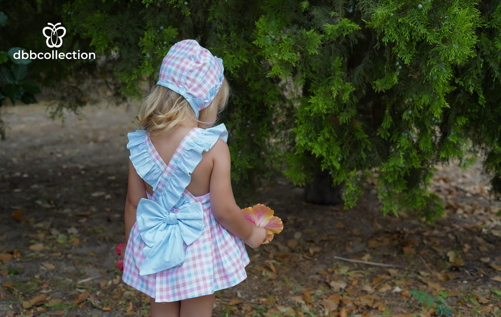 DBB Collection SS24 - Baby Girls Pink and Blue Check Dress, Knickers & Bonnet - Mariposa Children's Boutique