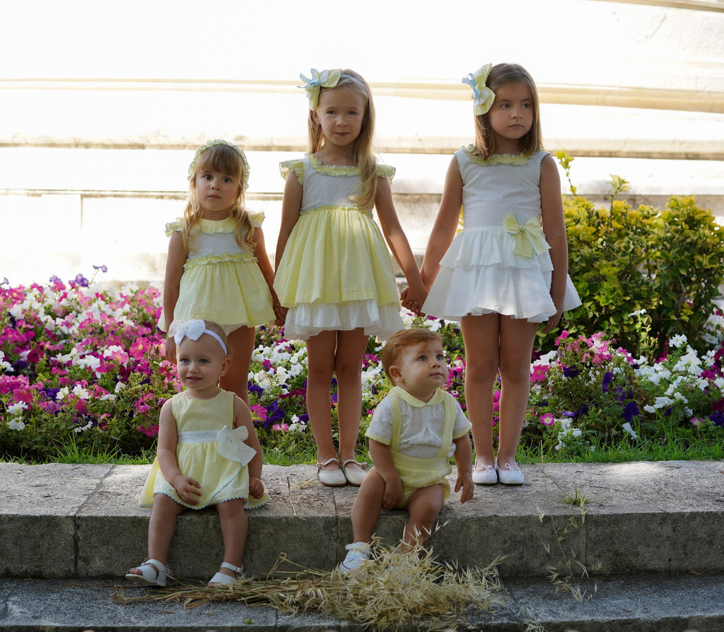 DBB Collection SS24 - Baby Girls Yellow & White Dress, Knickers & Bonnet - Mariposa Children's Boutique
