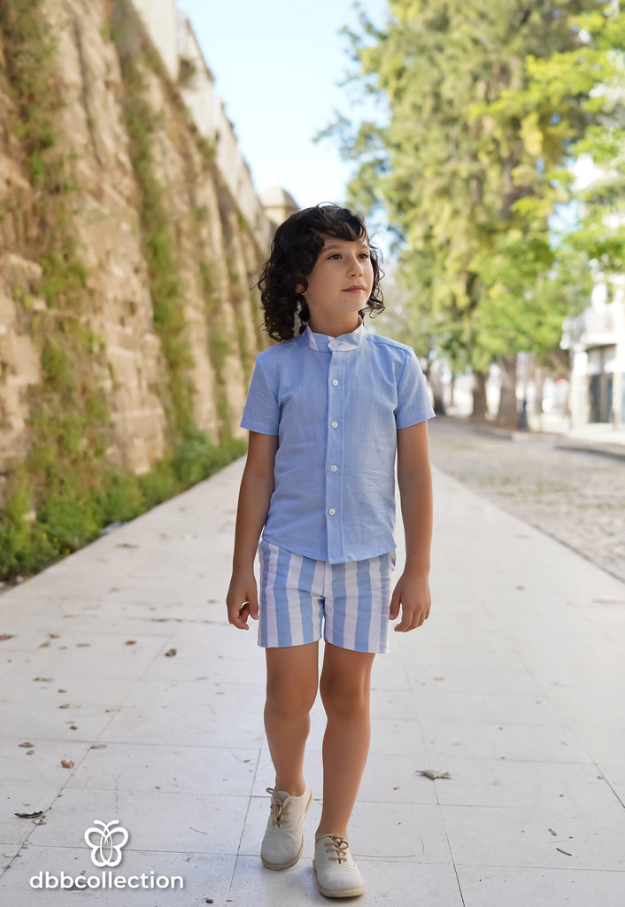 DBB Collection SS24 - Boys Blue Stripe Shorts & Shirt Set - Mariposa Children's Boutique