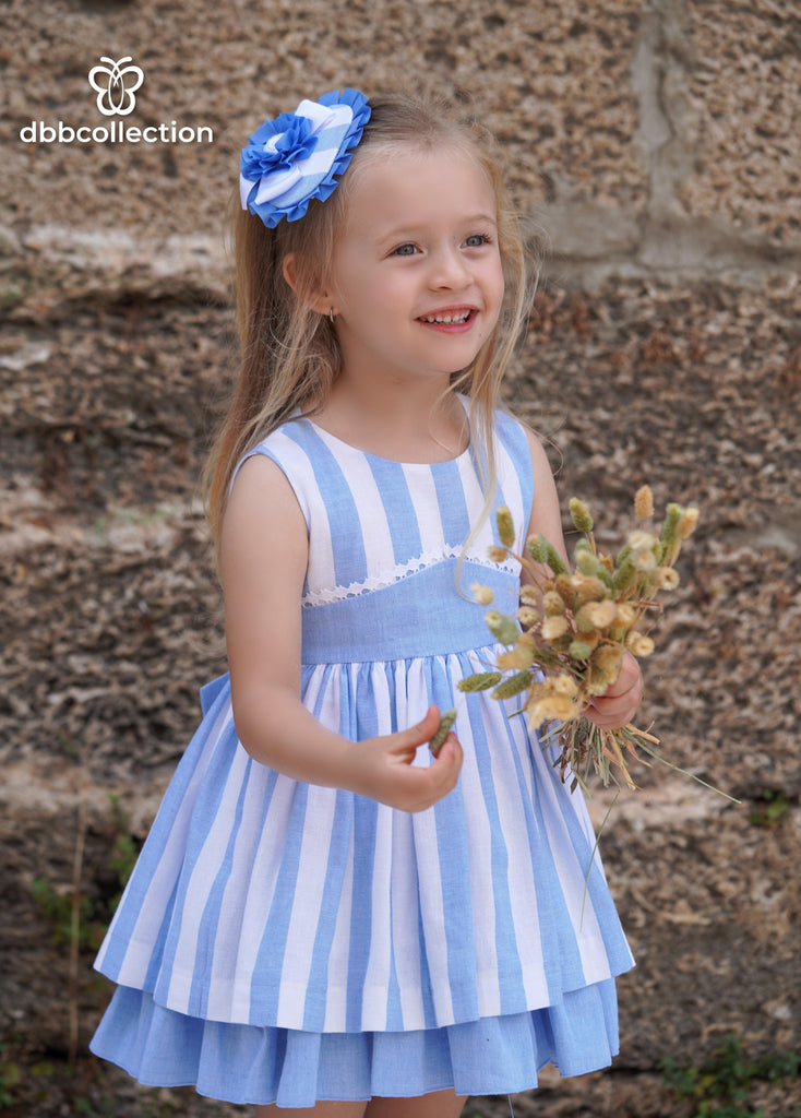 DBB Collection SS24 - Girls Blue Stripe Dress & Headpiece - Mariposa Children's Boutique