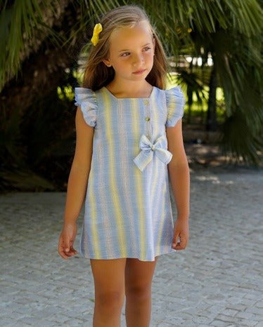 DBB girls blue lemon stripe Spanish dress SS26 frill sleeve bow