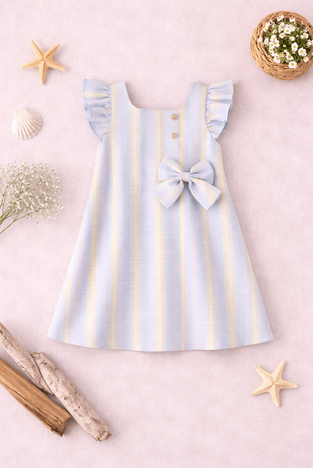 Girls Spanish summer dress blue stripe lemon DBB Collection UK
