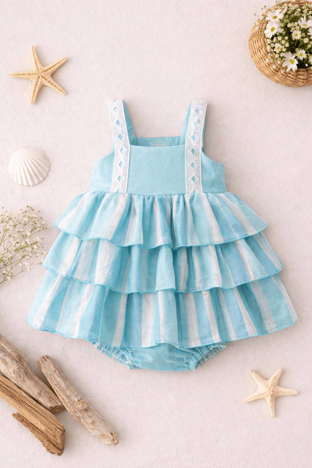 DBB baby girls dress set blue stripe frill dress with bow back