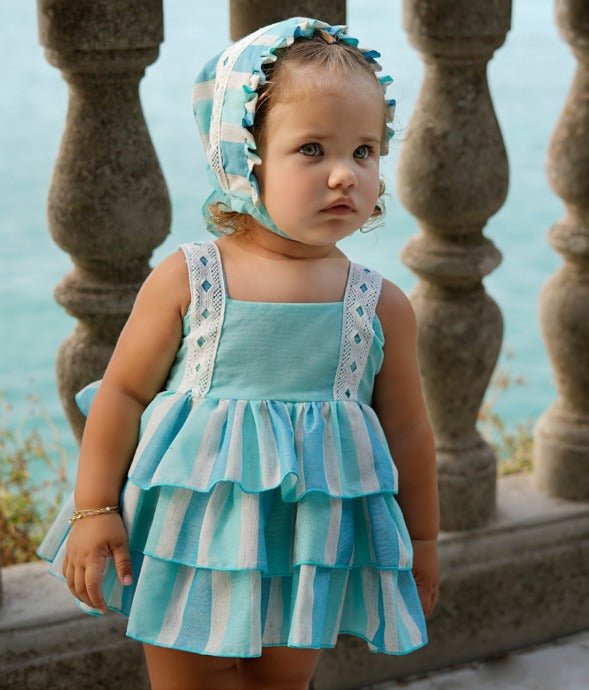 DBB baby girls blue stripe Spanish dress set bonnet knickers outfit