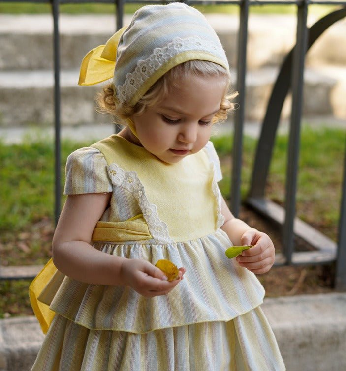 DBB baby girls lemon stripe Spanish dress set bonnet knickers SS26