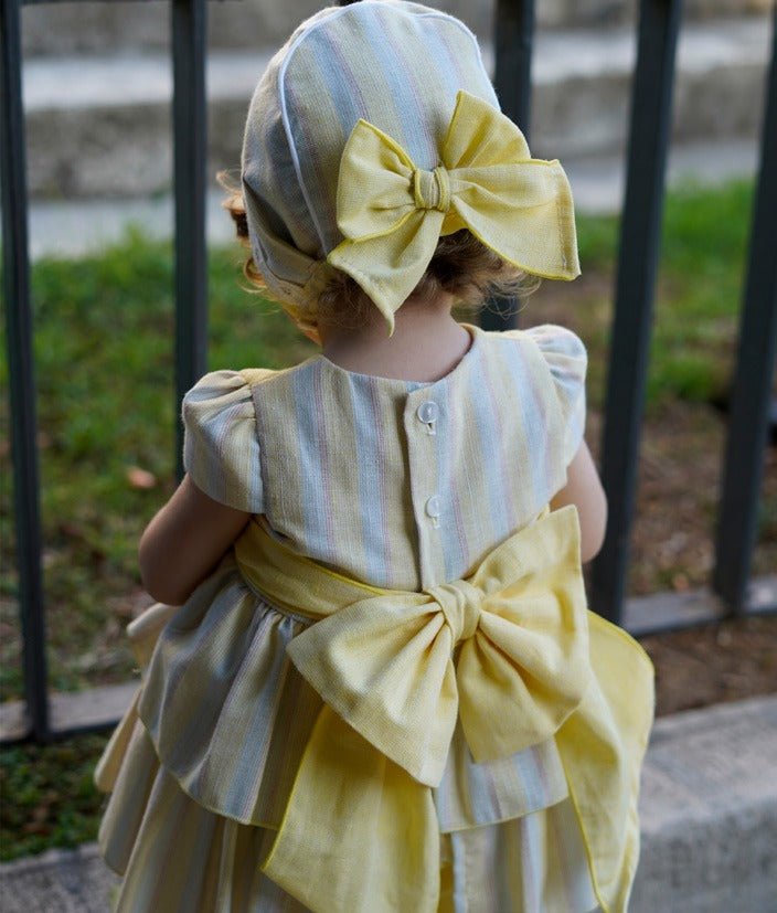 Baby girls lemon Spanish outfit dress bonnet set DBB Collection UK