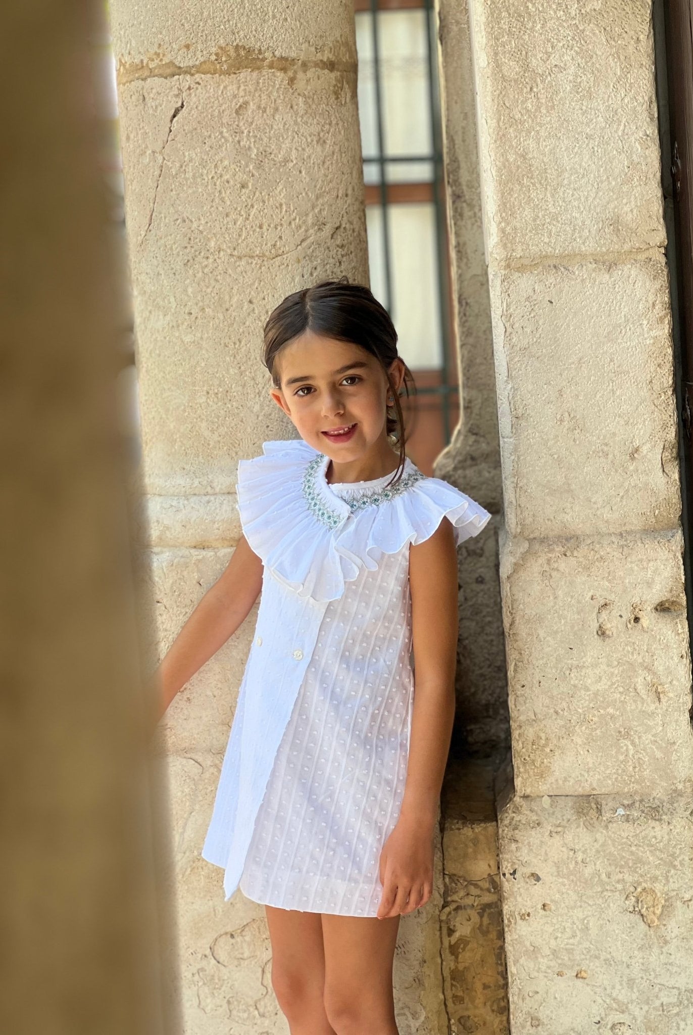 El Copo white dress smocked collar summer girls dress