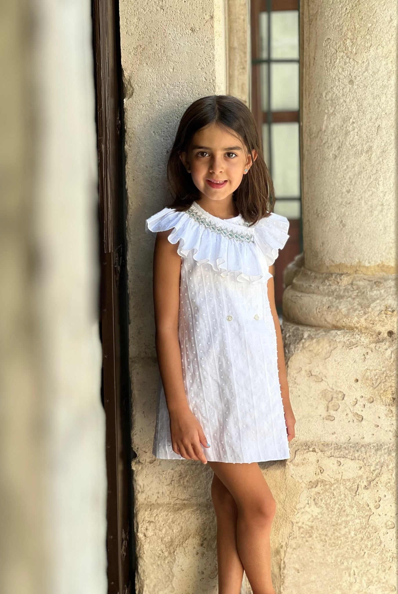 Girls white Spanish dress with ruffle collar El Copo
