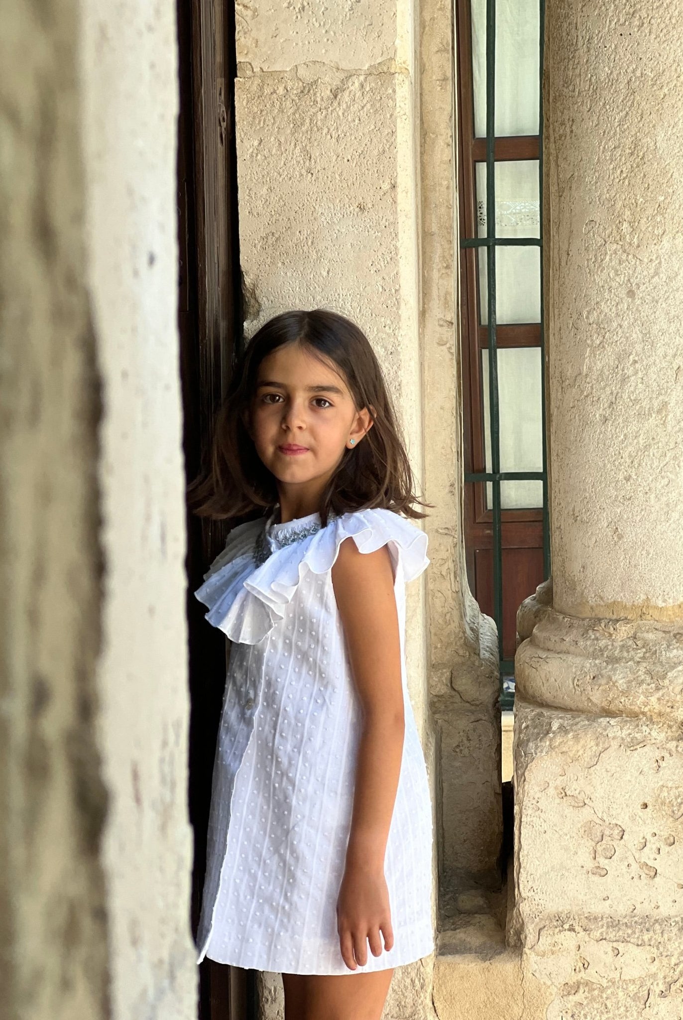 Girls white Spanish dress with ruffle collar El Copo SS26 Collection