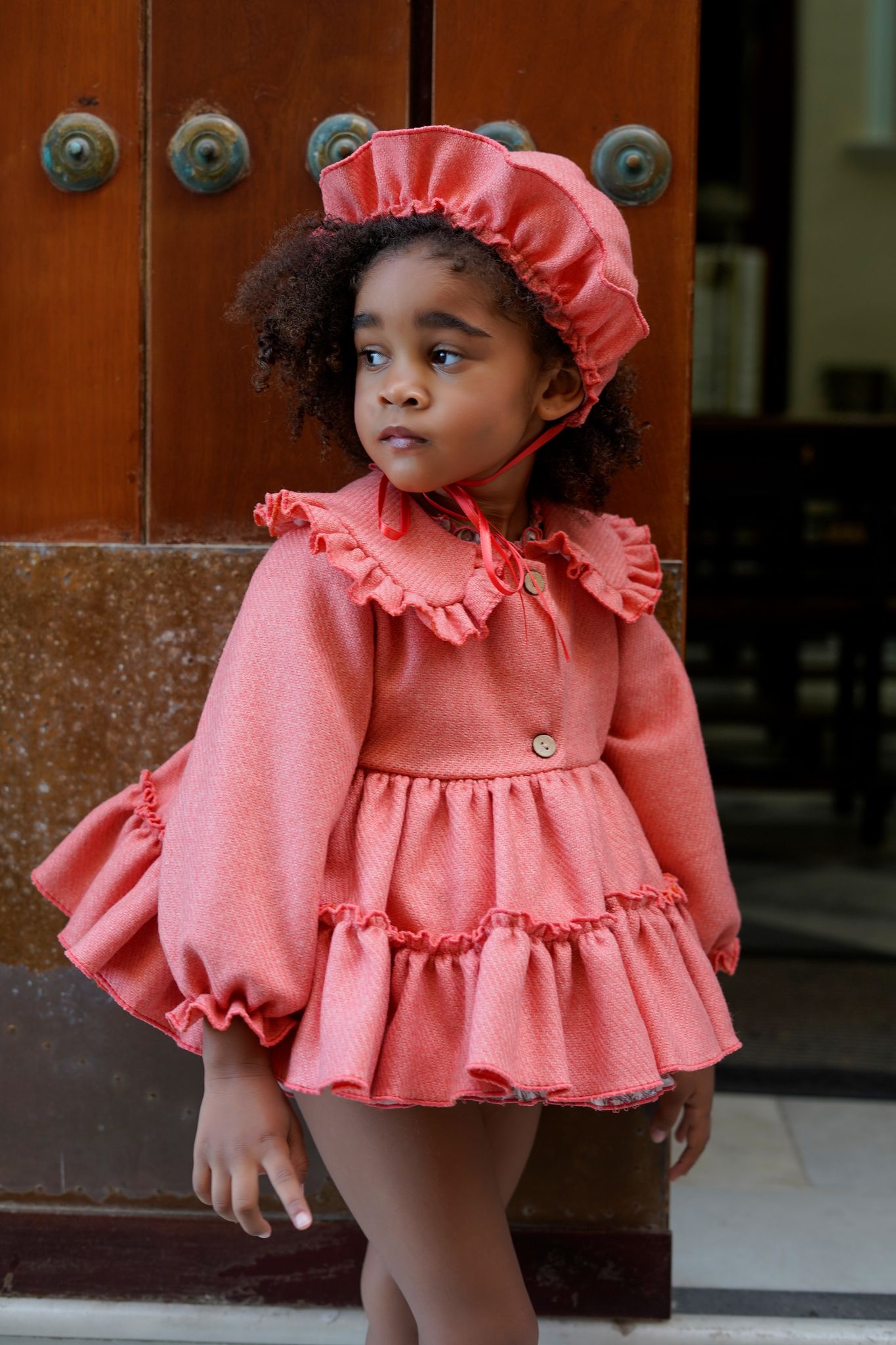 Ela Confeccion AW25 - Baby Girls Coral Coat with Matching Floral Dress & Bonnet