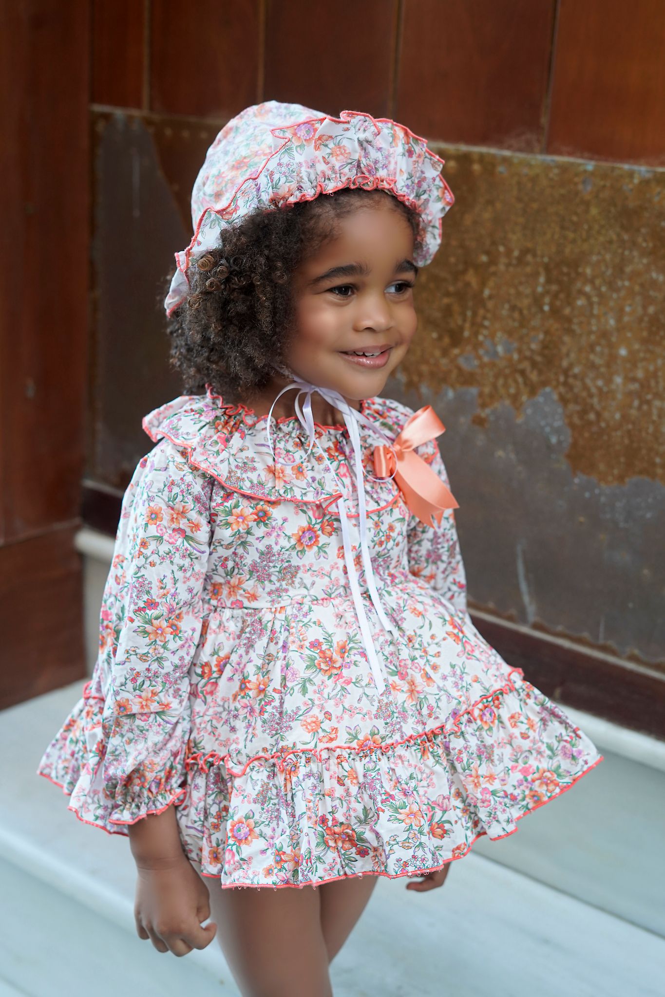 Ela Confeccion AW25 - Baby Girls Coral Coat with Matching Floral Dress & Bonnet