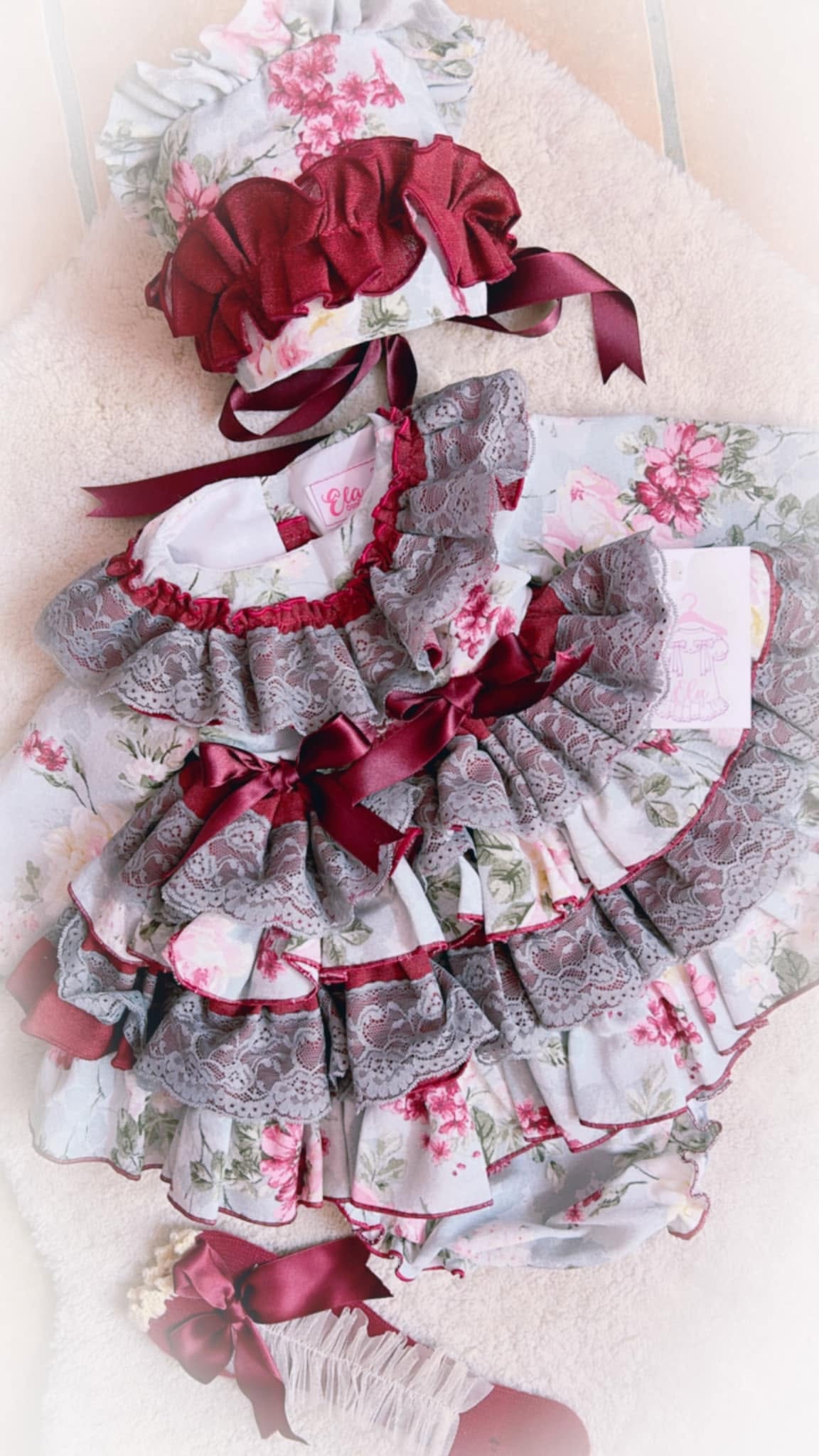 Ela Confeccion Baby Girls Grey & Burgundy Floral Dress & Knickers 18M | Last One