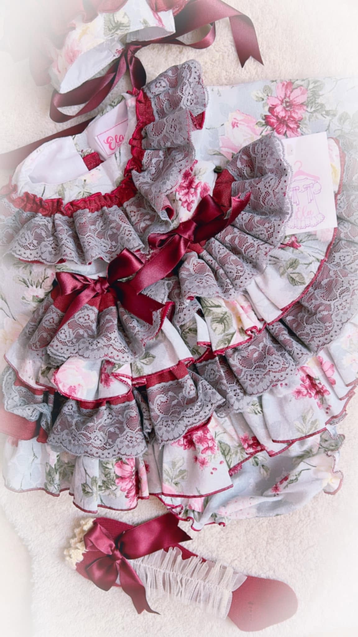 Ela Confeccion Baby Girls Grey & Burgundy Floral Dress & Knickers 18M | Last One