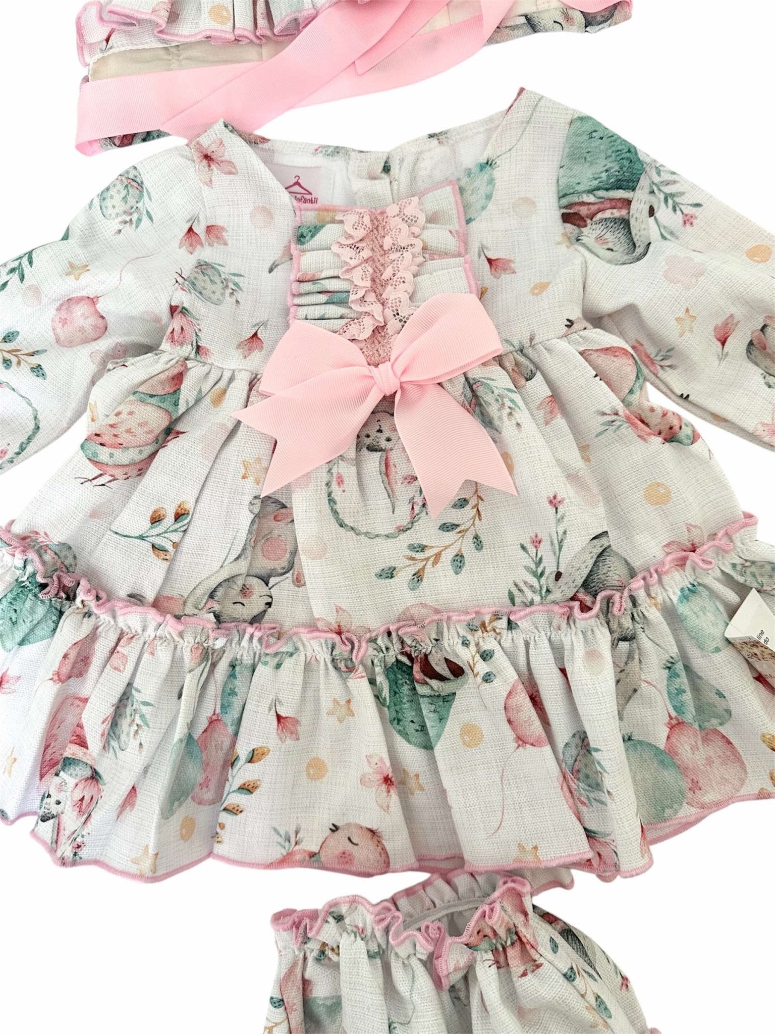 Ela Confeccion Baby Girl's Rabbit Dress Set with knickers and bonnet. made in Spain.