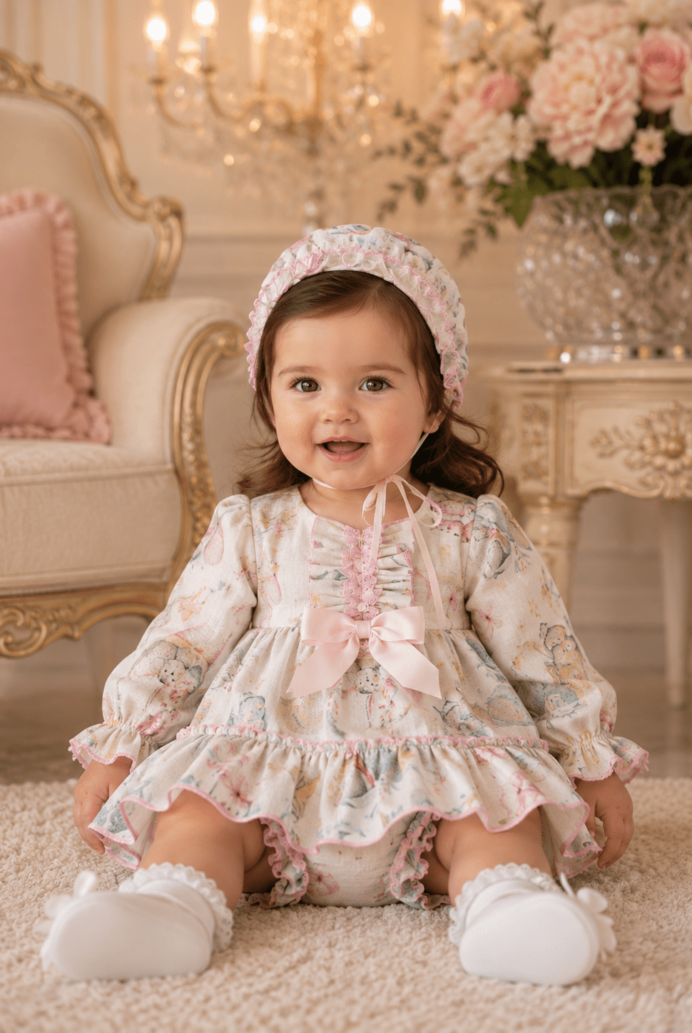 Ela Confeccion baby girls rabbit print Spanish dress with matching knickers and bonnet handmade in Spain