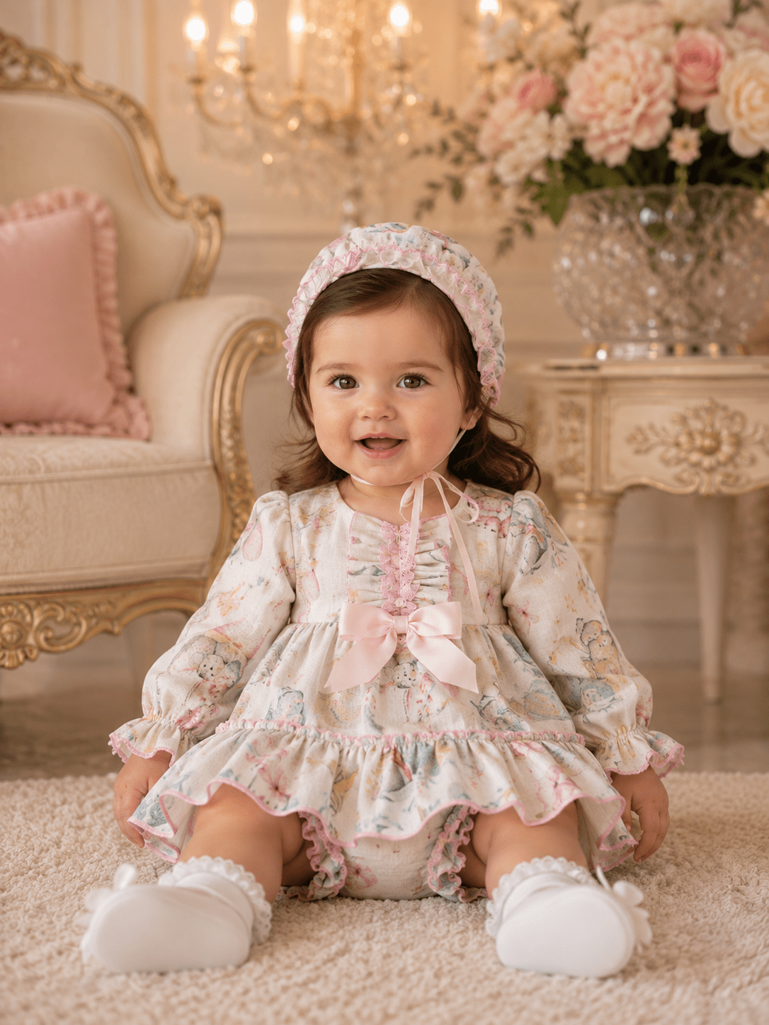 Ela Confeccion baby girls rabbit print Spanish dress with matching knickers and bonnet handmade in Spain