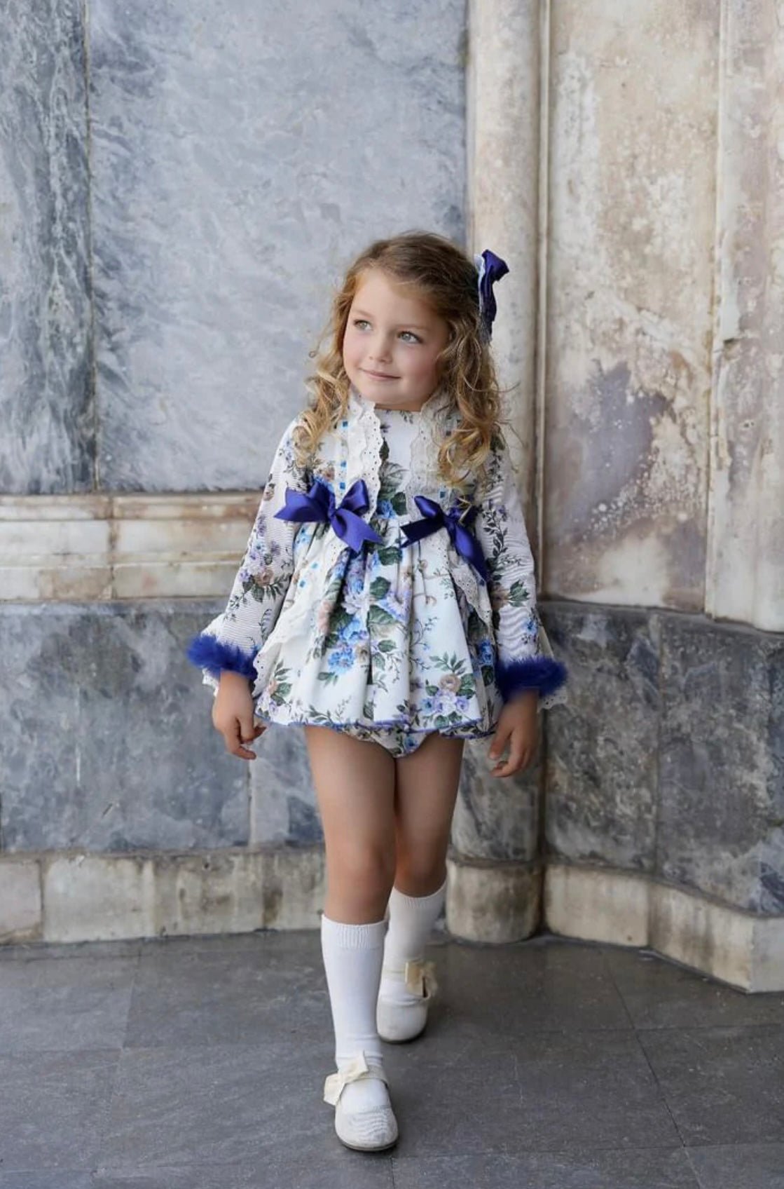 Ela Confeccion - Girls Penelope Royal Blue Floral Print Dress & Knickers