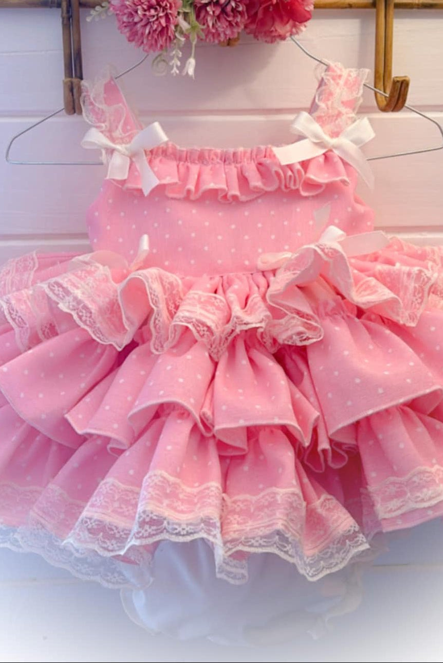 Ela Confeccion girls Spanish pink and cream puffball dress.