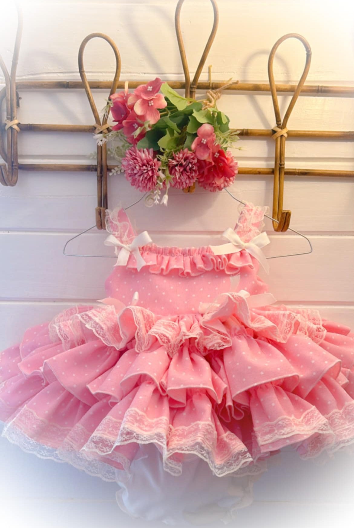 Ela Girls Spanish Pink and Cream Flared Polka Dot Summer Puffball Dress