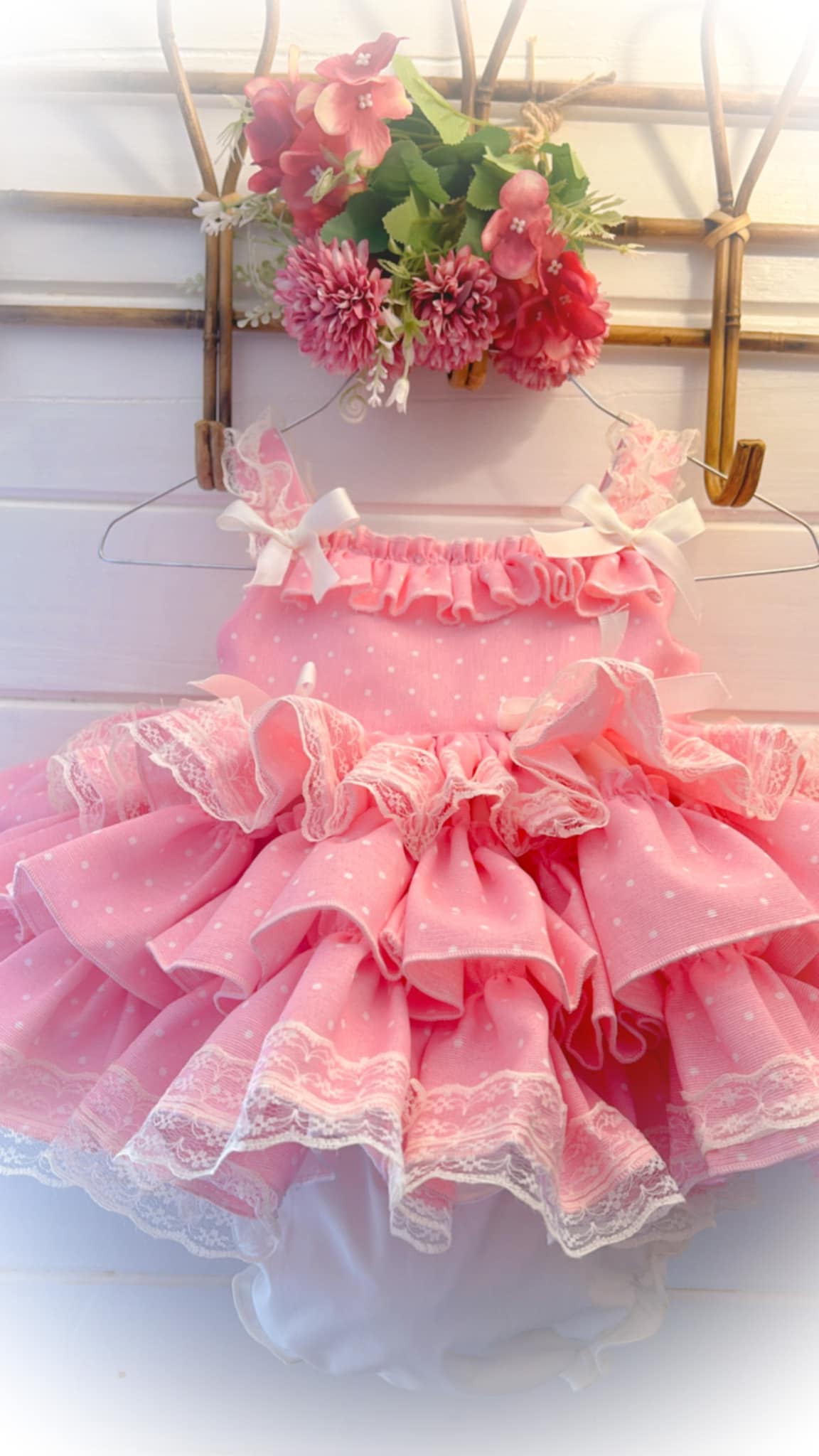 Ela Confeccion Girls Spanish Summer Pink and Cream Polka Dot Dress with matching hair clip.