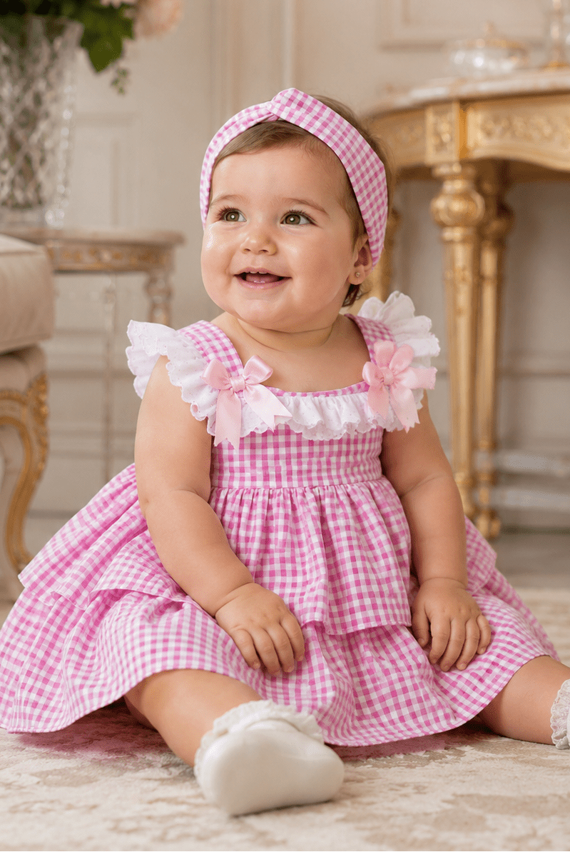 Ela Confeccion baby girls pink and white gingham Spanish dress with matching knickers and headpiece age 12 months