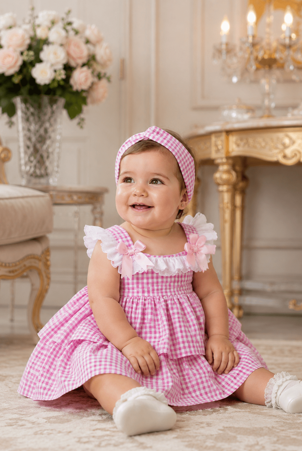 Ela Confeccion baby girls pink and white gingham Spanish dress with matching knickers and headpiece age 12 months