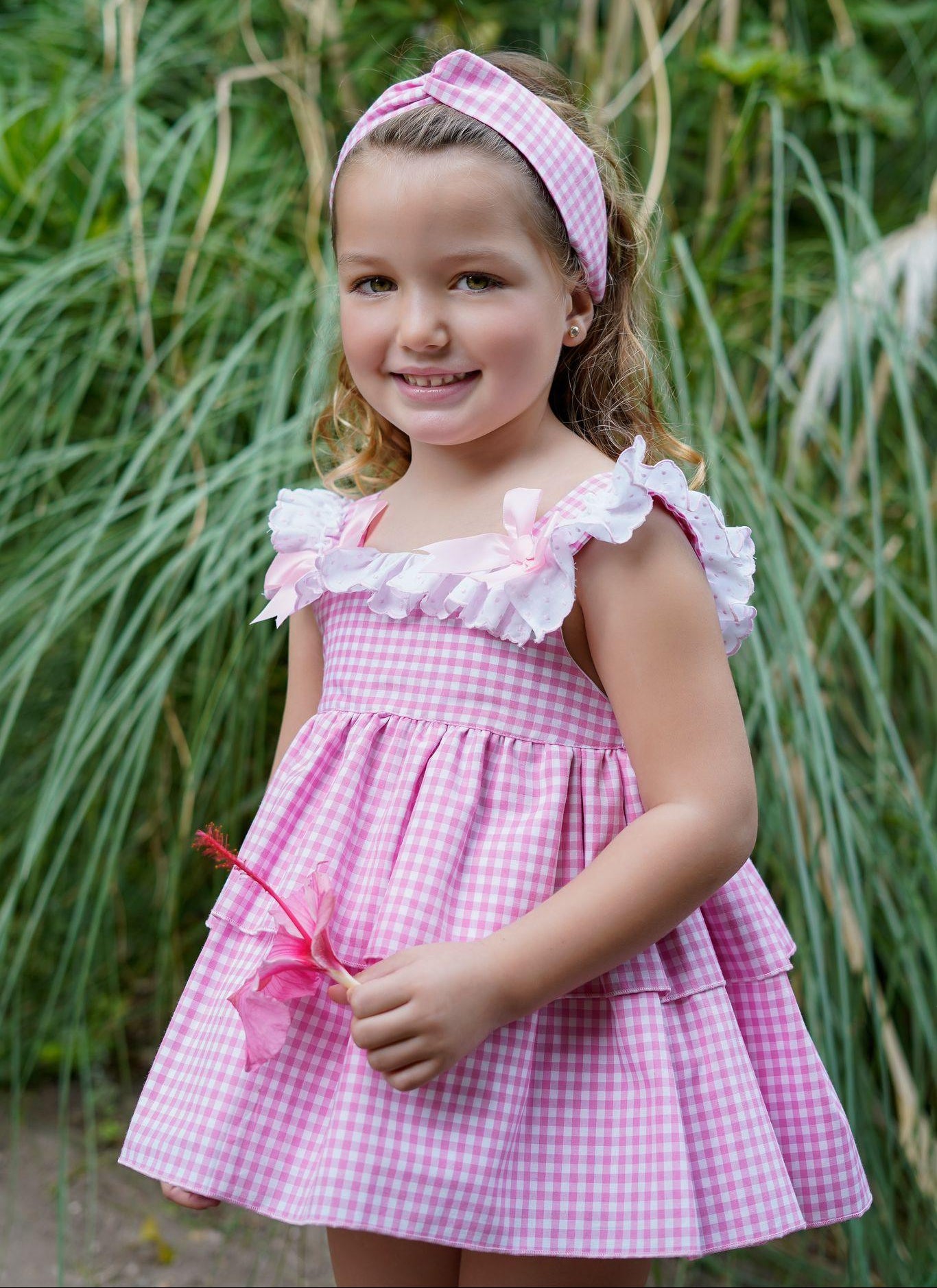 Ela Confeccion baby girls pink and white gingham Spanish dress with matching knickers and headpiece age 12 months