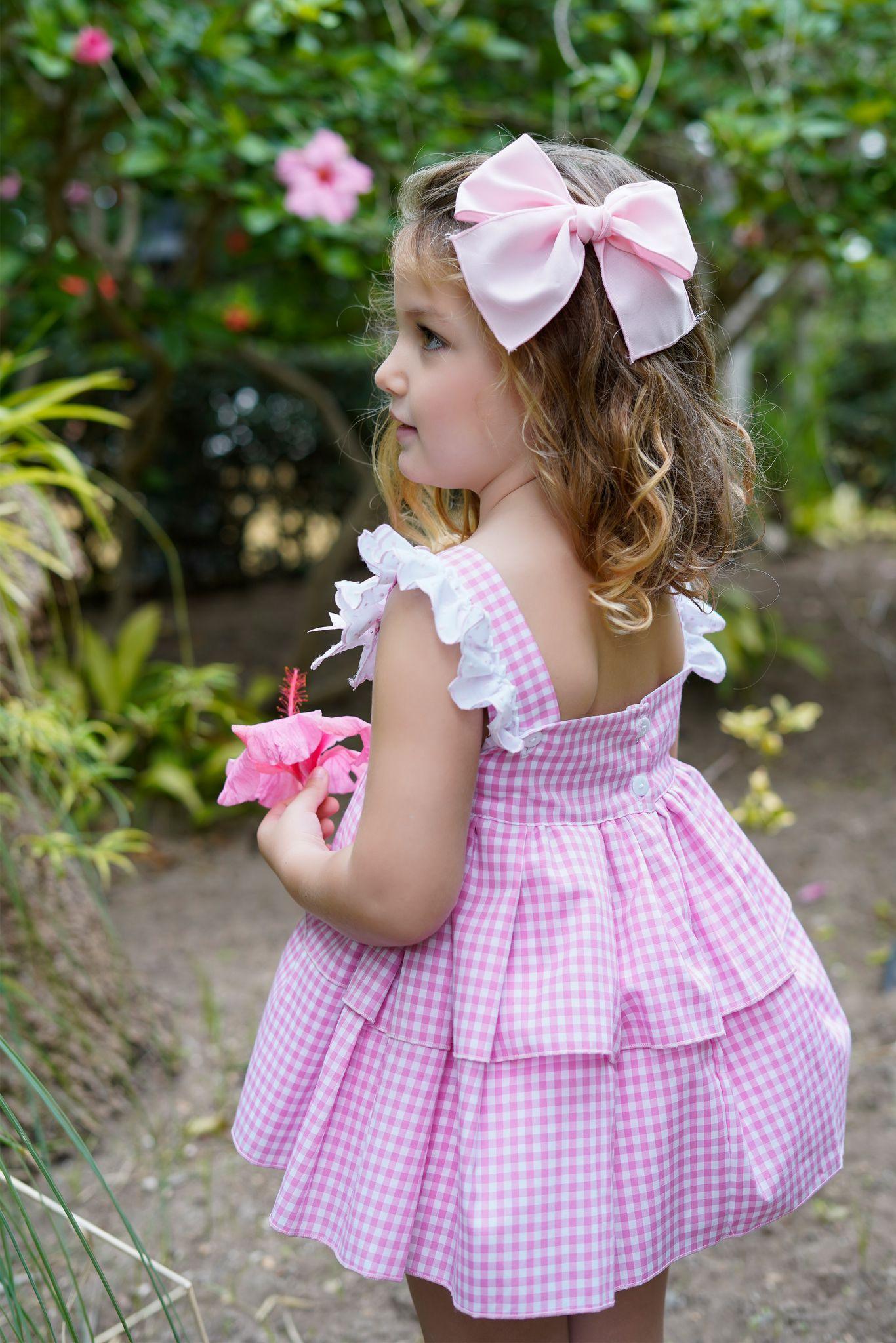 Ela Confeccion SS25 - Girls Pink and White Gingham Print Dress, Knickers and Headpiece 12m - Mariposa Children's Boutique
