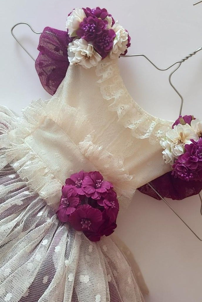 Ela Confeccion SS26 PRE - ORDER - Girls Cream & Plum Tulle Dress