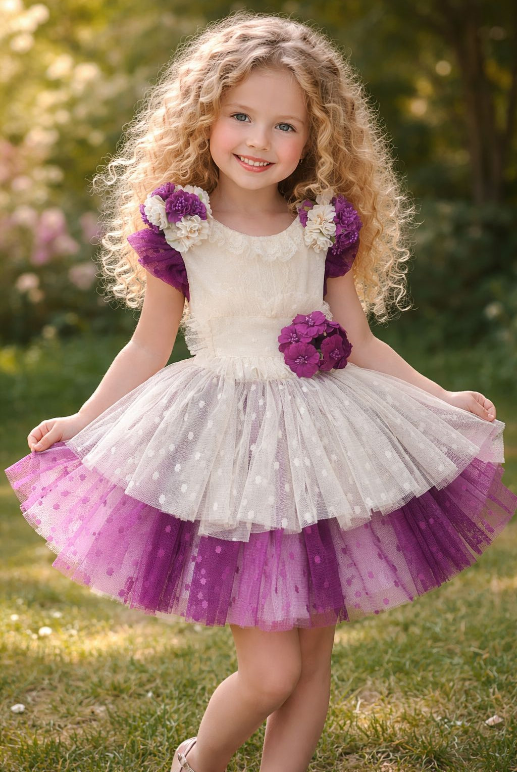 Ela Confeccion SS26 PRE - ORDER - Girls Cream & Plum Tulle Dress