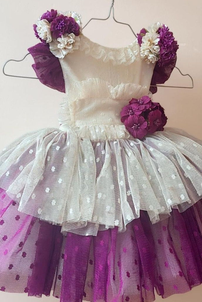 Ela Confeccion SS26 PRE - ORDER - Girls Cream & Plum Tulle Dress