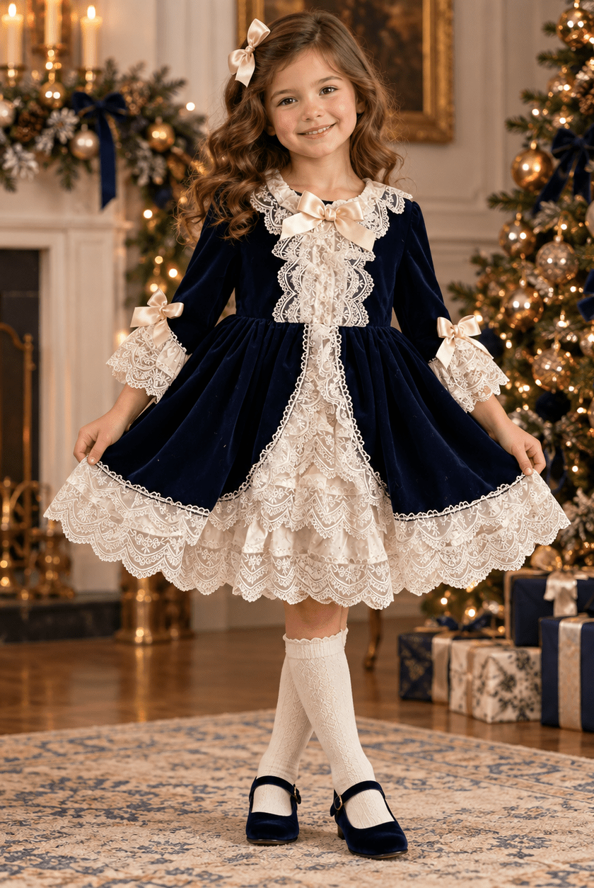 Exclusive Antoinette Girls Navy Velvet Occasion Dress Age 3 | Clearance Sale