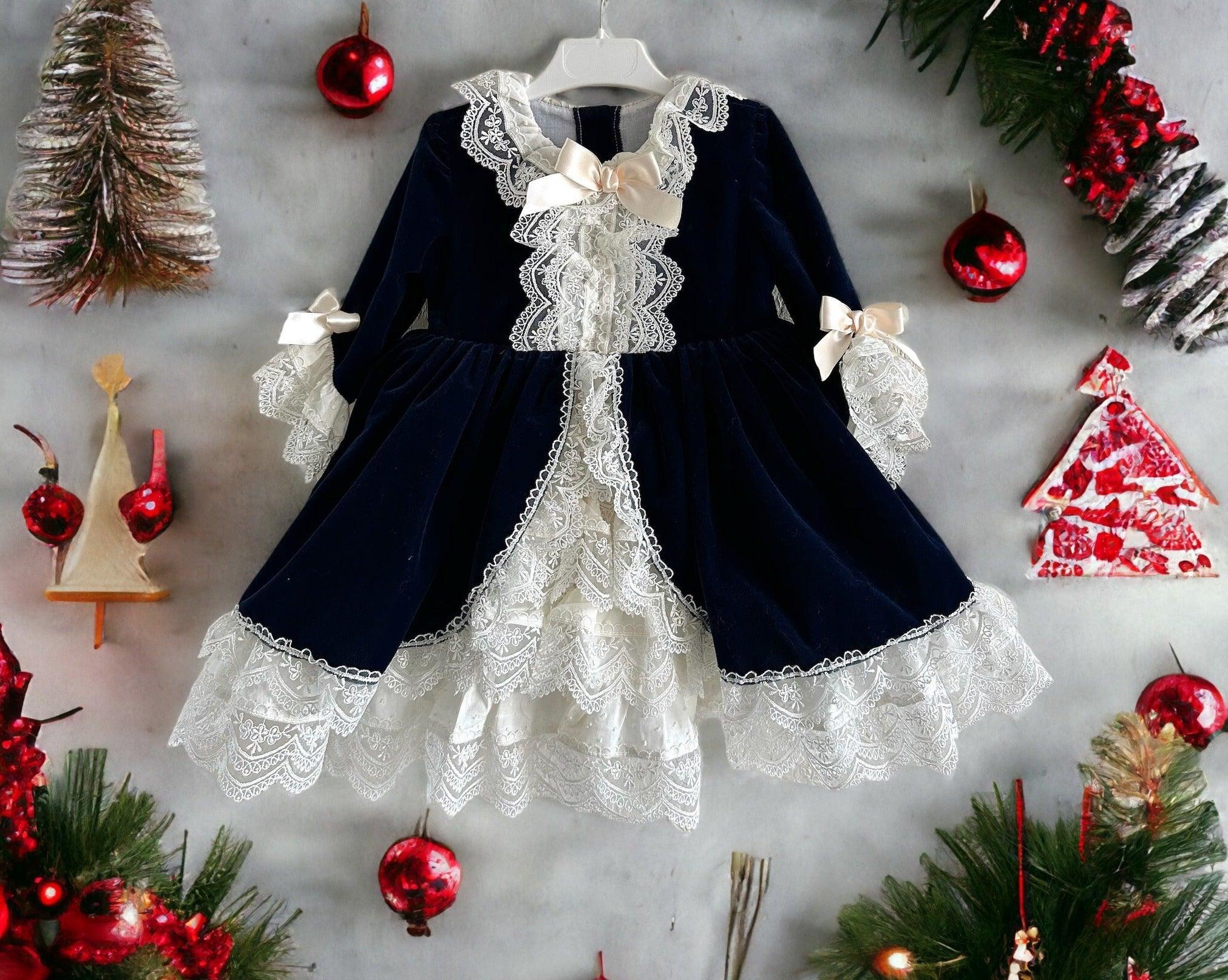 Exclusive Antoinette Navy Velvet Dress Age 3yrs IN - STOCK - Mariposa Children's Boutique