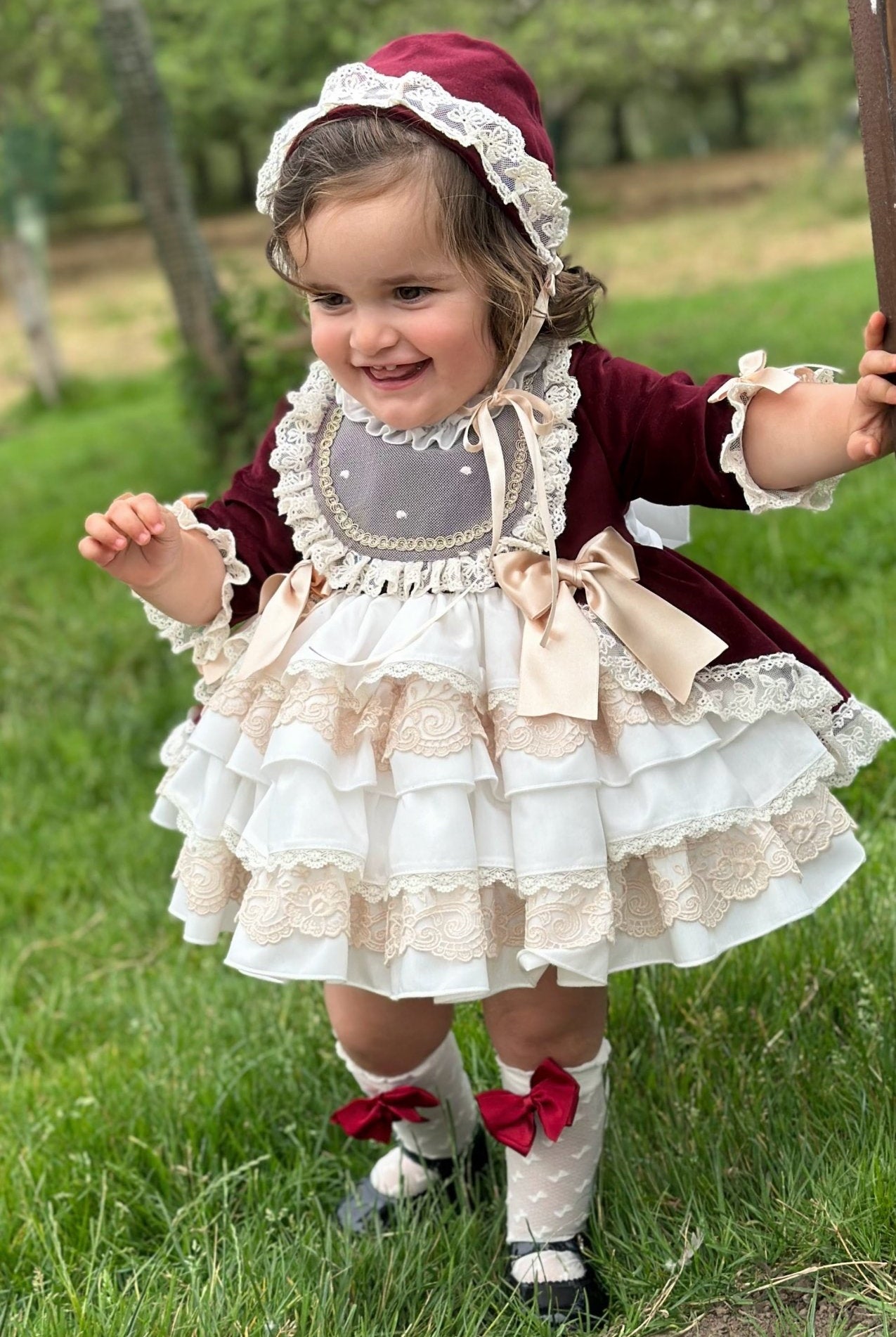 Exclusive AW25 Burgundy & Cream Puffball Dress Only ( MADE TO ORDER ) - Mariposa Children's Boutique