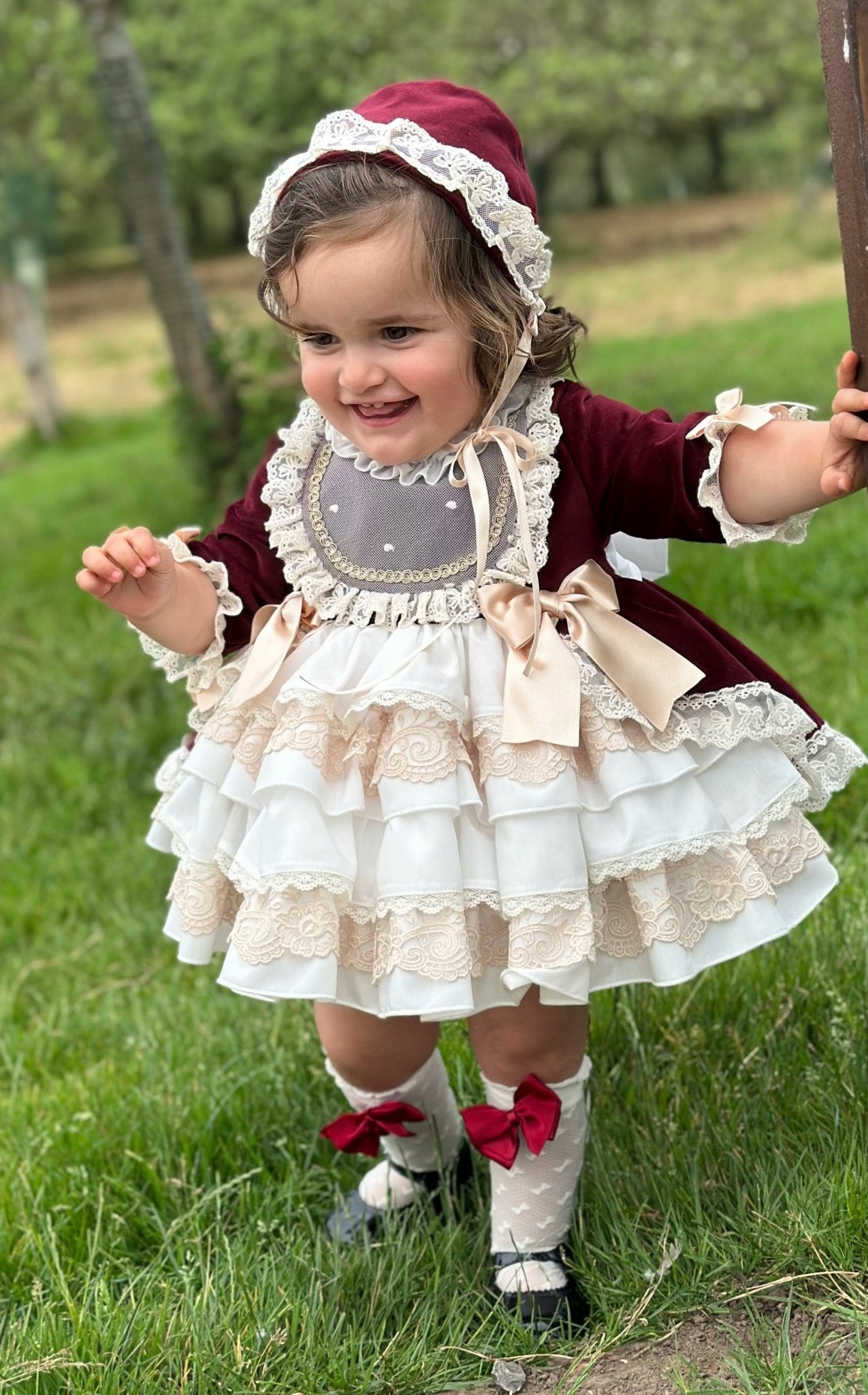 Exclusive AW25 Burgundy & Cream Puffball Dress Only ( MADE TO ORDER ) - Mariposa Children's Boutique