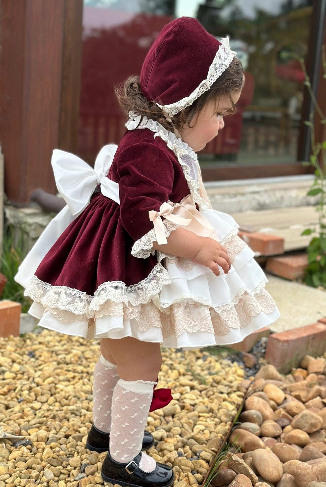 Exclusive AW25 Burgundy & Cream Puffball Dress Only ( MADE TO ORDER ) - Mariposa Children's Boutique