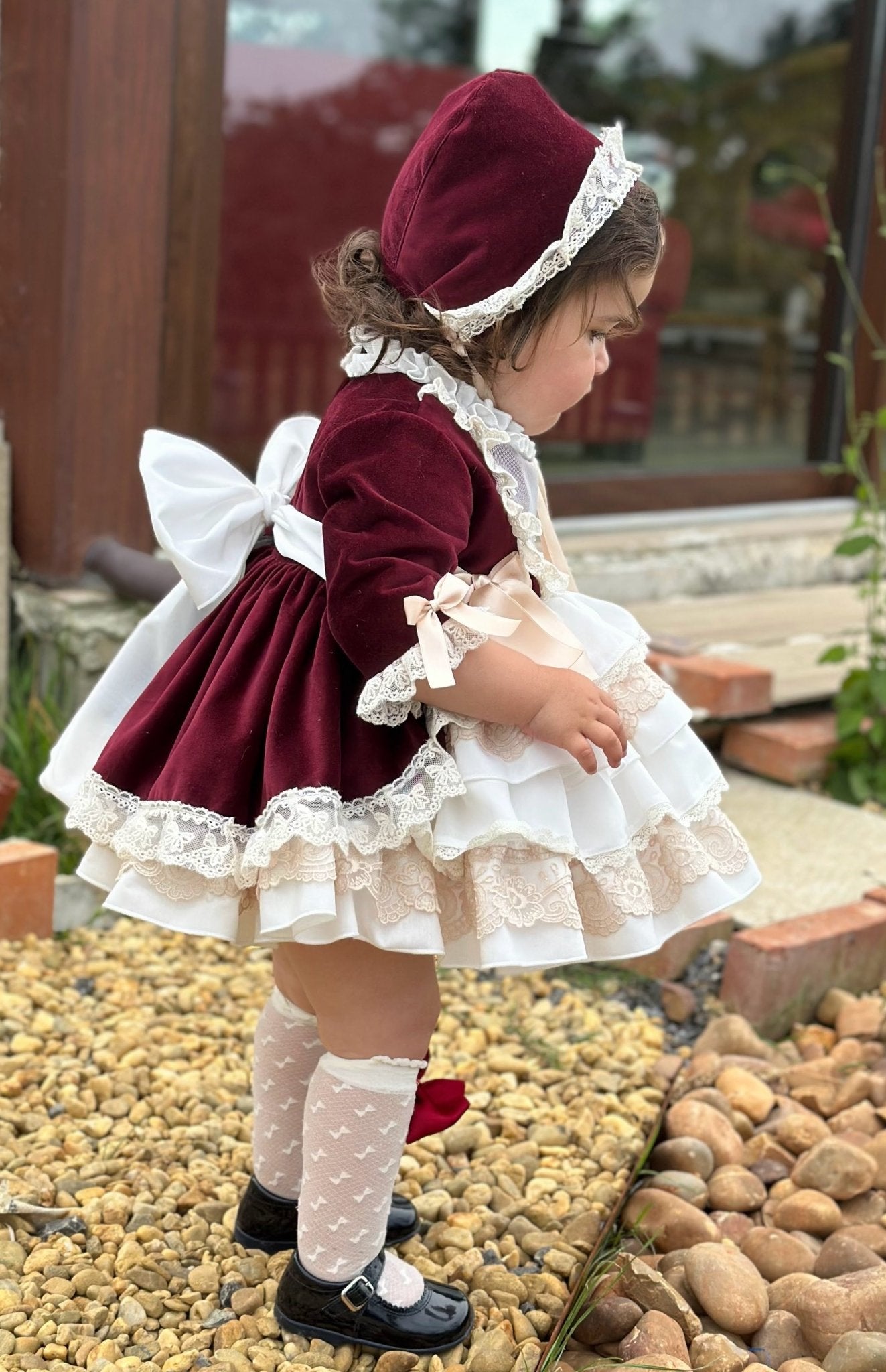 Exclusive AW25 Burgundy & Cream Puffball Dress Only ( MADE TO ORDER ) - Mariposa Children's Boutique