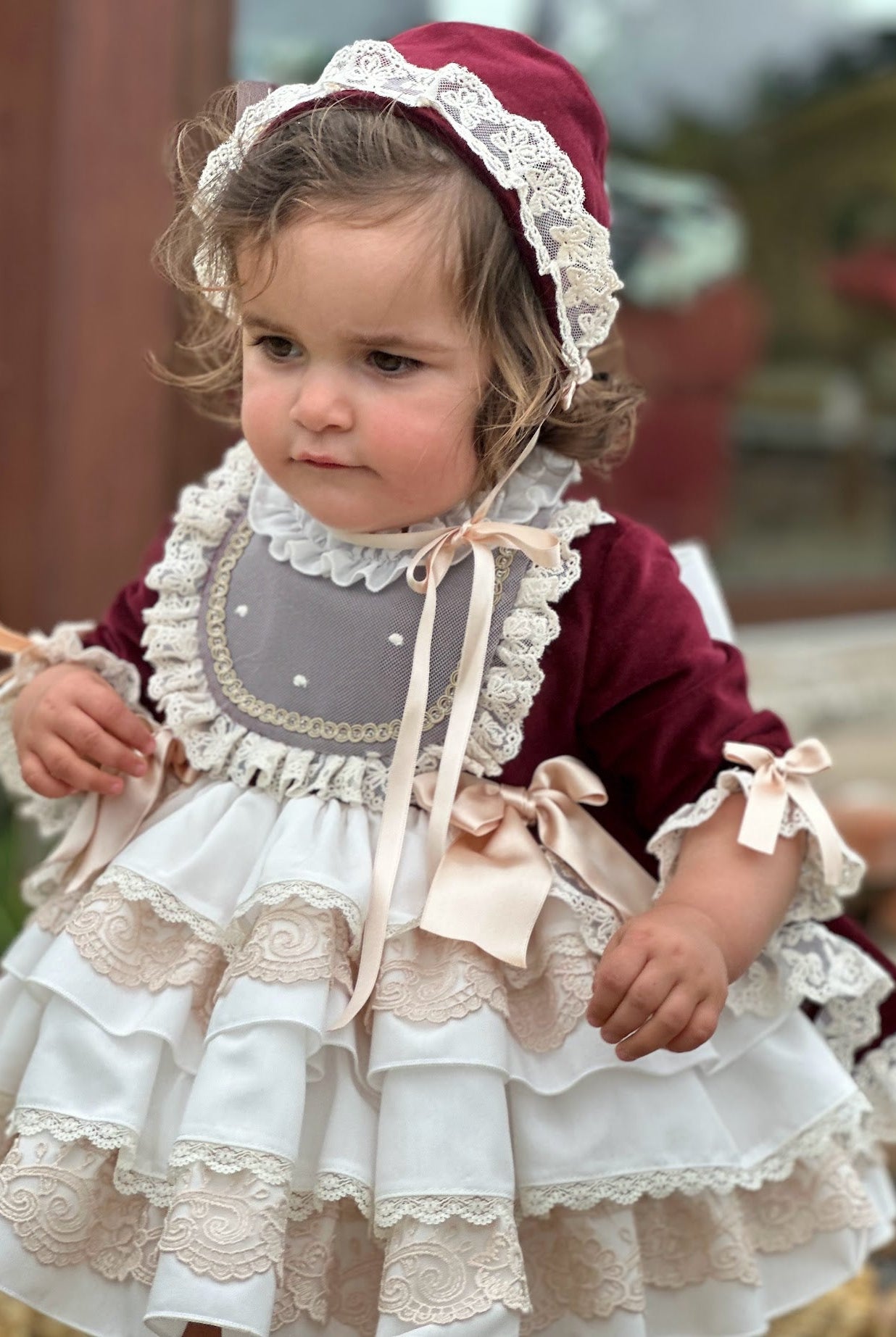 Exclusive AW25 Burgundy & Cream Puffball Dress Only ( MADE TO ORDER ) - Mariposa Children's Boutique