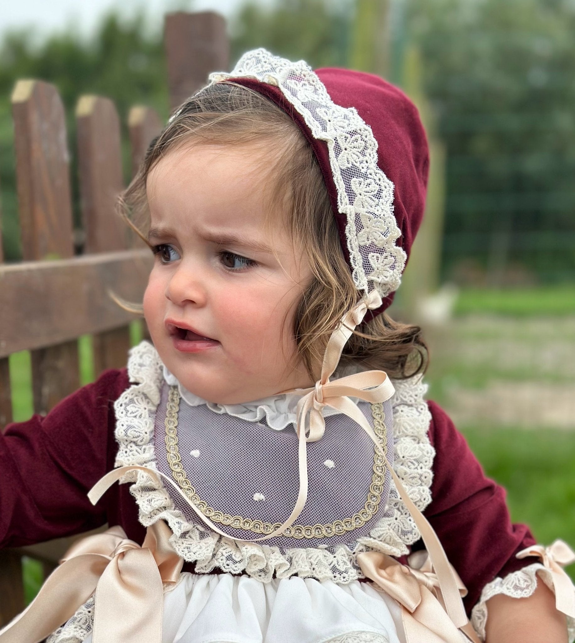 Exclusive AW25 Burgundy & Cream Puffball Dress Only ( MADE TO ORDER ) - Mariposa Children's Boutique
