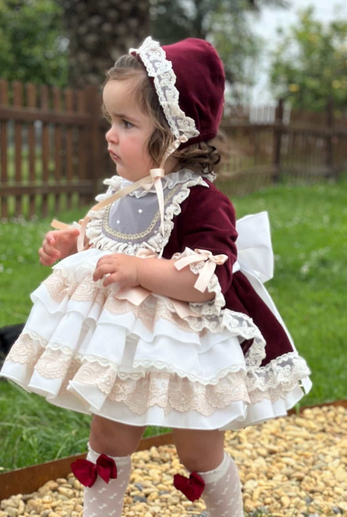 Exclusive AW25 Burgundy & Cream Puffball Dress Only ( MADE TO ORDER ) - Mariposa Children's Boutique