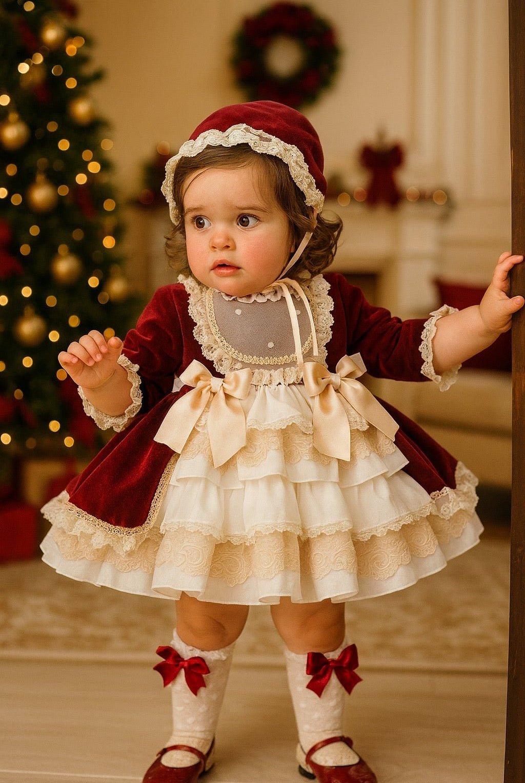 Exclusive AW25 Burgundy & Cream Puffball Dress Only ( MADE TO ORDER )